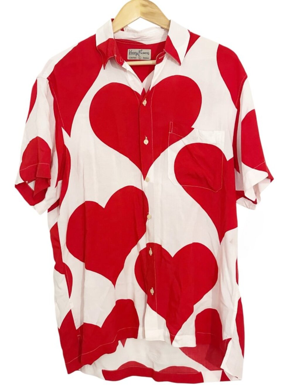 Kenny Flowers Mens Large L Red White Hearts Hawaiian Shirt Short Sleeve Limited